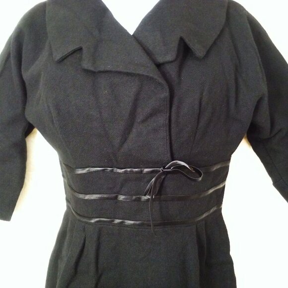 Vintage 50s Little Black Wiggle Dress Lady-M(8) Wool Cowl-Collar Zip-back Fitted - Picture 5 of 14